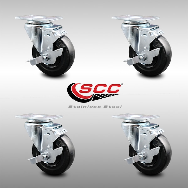 Service Caster 4 Inch SS Hard Rubber Wheel Swivel Top Plate Caster Set with Brake SCC SCC-SS20S414-HRS-TLB-4 - main